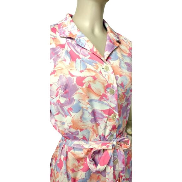 Vintage 70s Marti Petite Pastel Abstract Floral Button-Front Belted Day Dress - Picture 3 of 8
